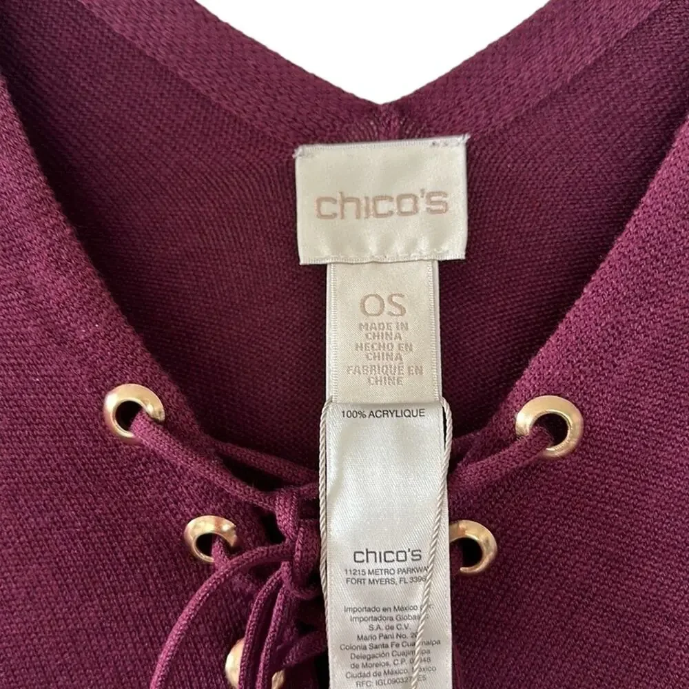 NEW Chico’s Lace Up Fringed Poncho Gold Hardware Tie Cover Up Purple One Size - Picture 7 of 9